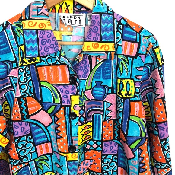 Vintage 80s Retro Groovy Rainbow Abstract Sequin Fish Art To Wear Blazer Jacket - Picture 7 of 11